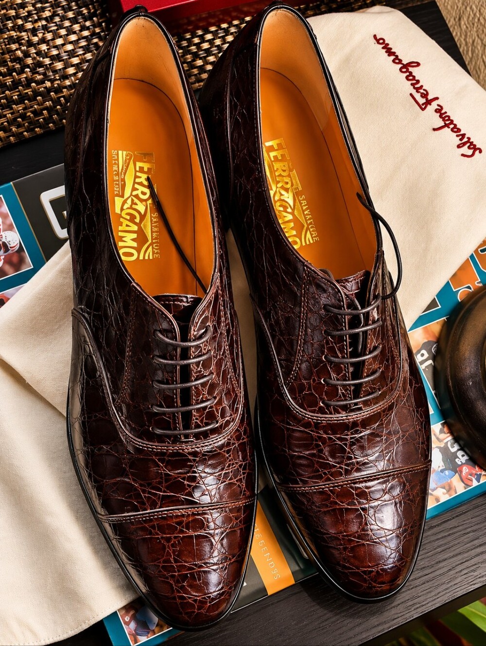 Salvatore Ferragamo Dark Brown Crocodile Leather Oxfords. Priced To Sell.